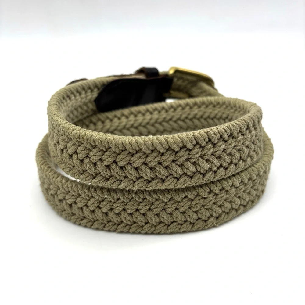 Vintage 90s Dockers 2593 Beige Woven Cotton Brown Leather Brass Buckle Belt 32
